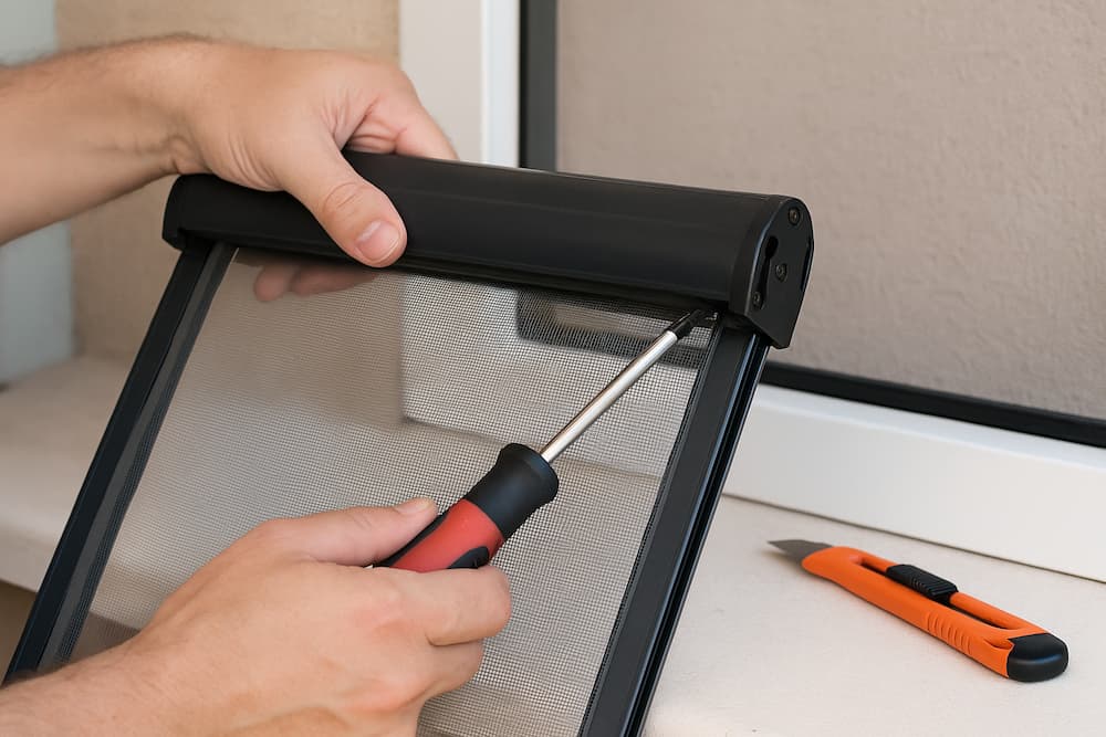 Reparación de mosquitera enrollable con destornillador y cutter